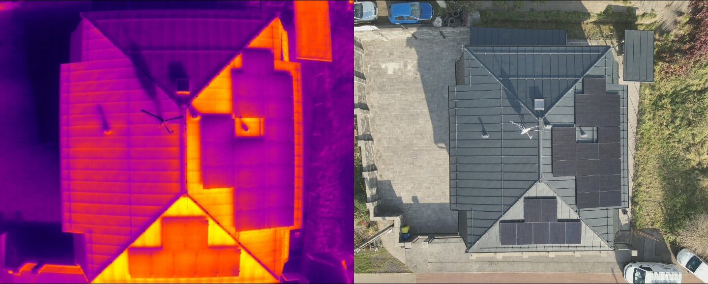 Kontrola střechy po instalaci: snímek z termokamery vedle běžné fotografie